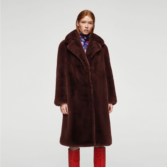 Mango Lapels Faux Fur Brown Tobacco Coat - Picture 16 of 16